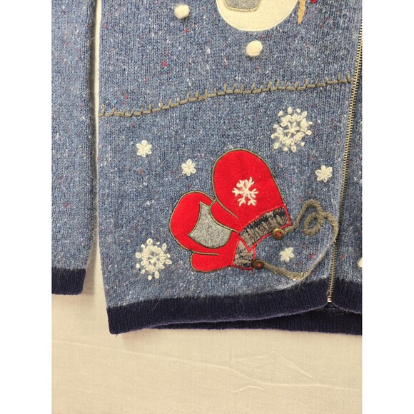 Vtg Christmas Sweater Victoria Jones Cardigan Zip-Up Blue Angora Snowman 90s Med - Picture 4 of 8